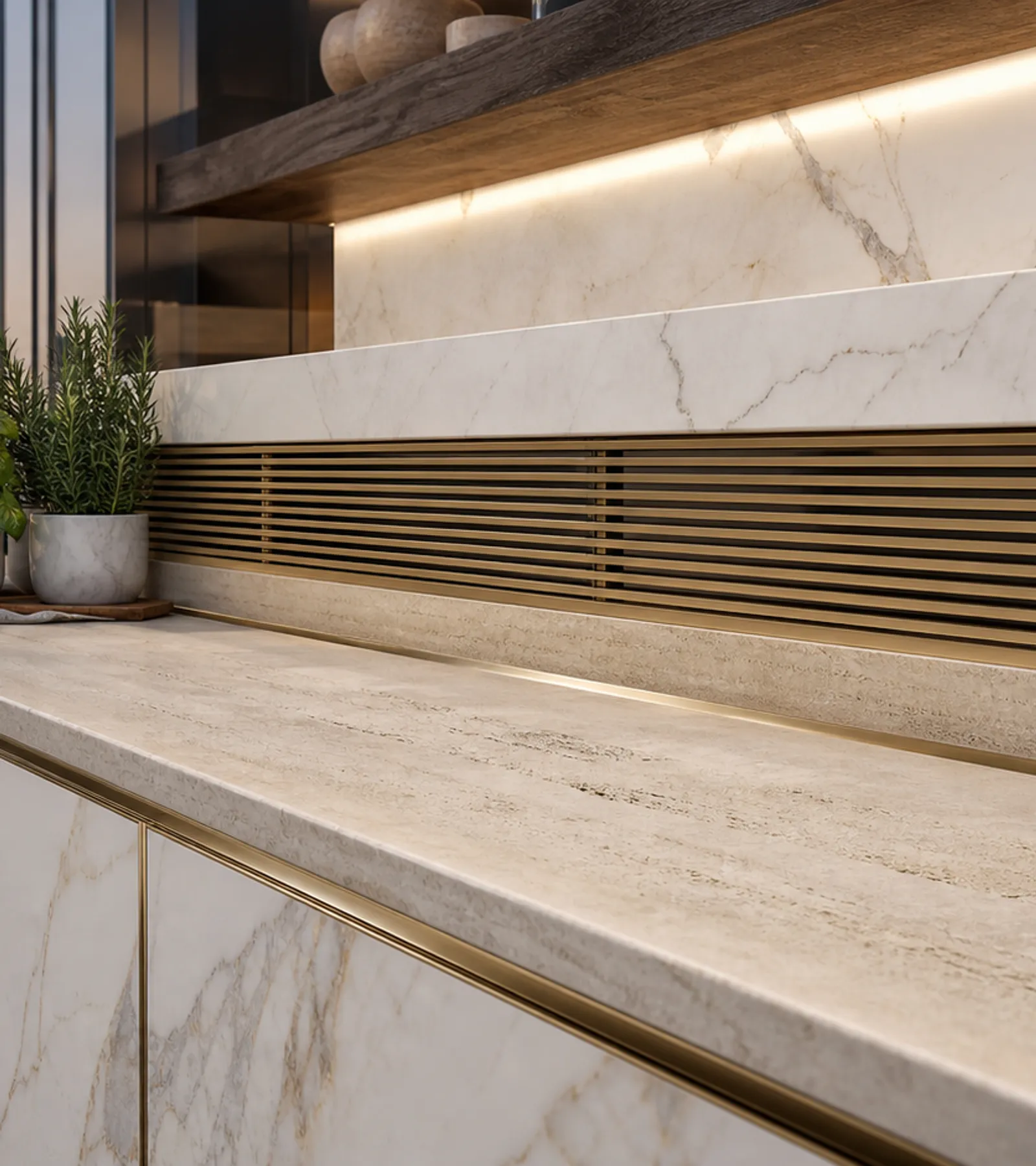 Fadior Dusk Balcony Suite with Louvered Herb Prep Rail — close-up of stainless steel finish and hardware detail