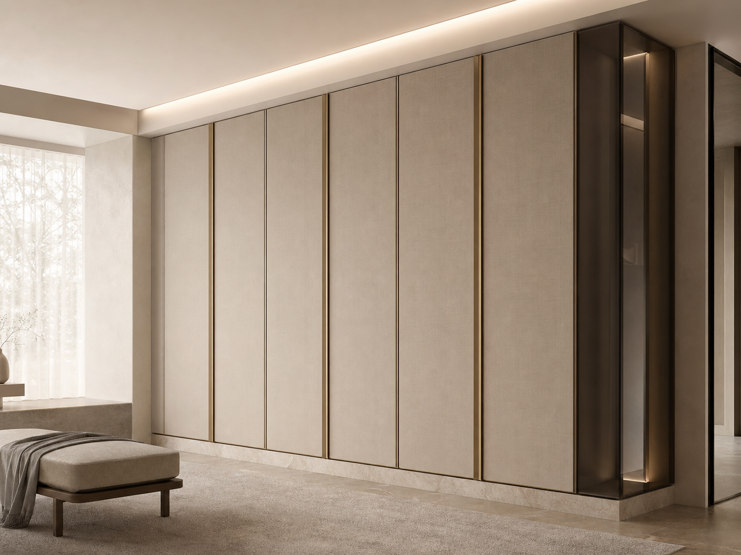 Fadior Resonance Wardrobe Suite with Linen Pivot Dressing Wall — interior room context showing cabinet integration