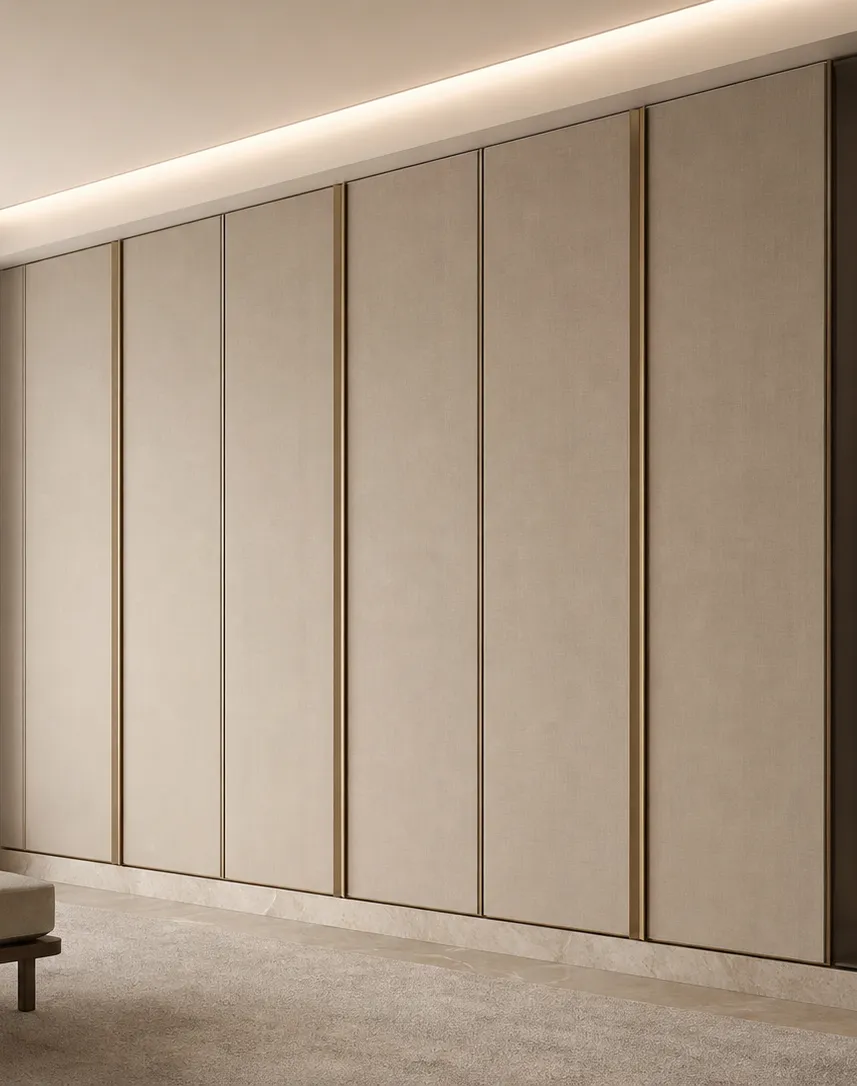 Fadior Resonance Wardrobe Suite with Linen Pivot Dressing Wall — interior room context showing cabinet integration