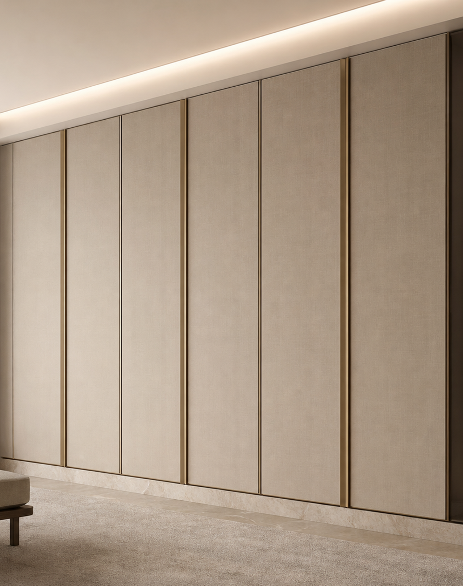 Fadior Resonance Wardrobe Suite with Linen Pivot Dressing Wall — interior room context showing cabinet integration