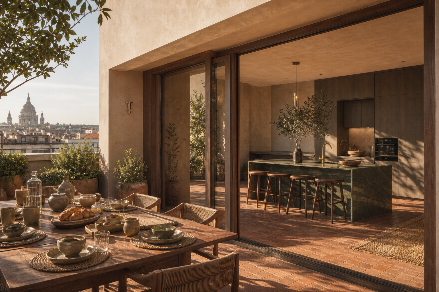 Fadior Budapest 125 sqm Kitchen Penthouse — Rooftop — Budapest rooftop terrace breakfast with kitchen cabinets,