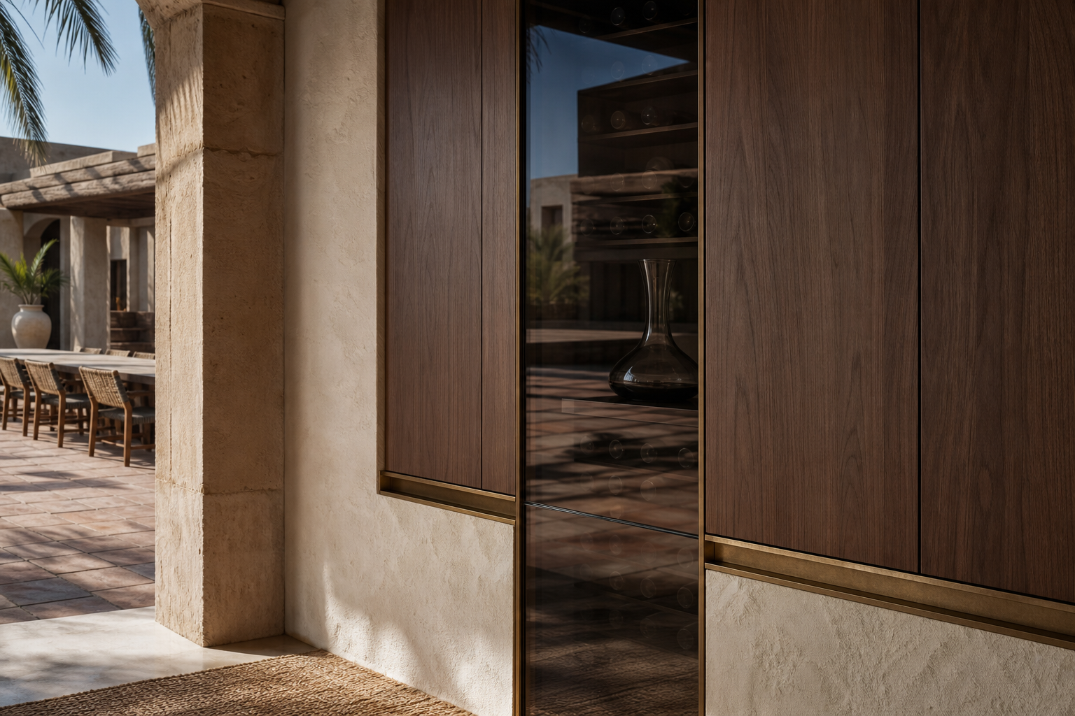 Fadior Grotto Wine Cabinet Suite with Shadow Glass Decanting Spine — close-up of stainless steel finish and hardware detail