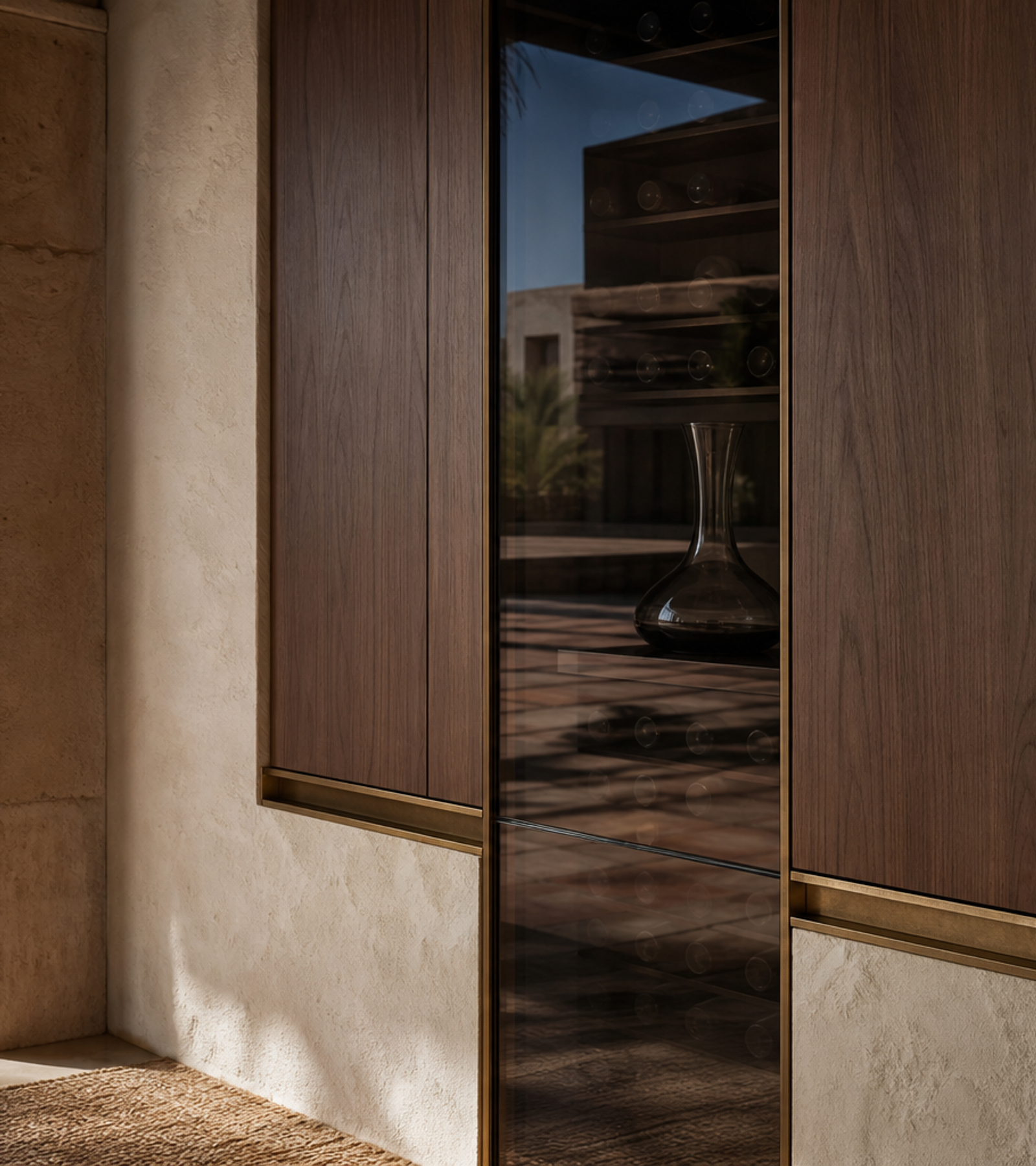 Fadior Grotto Wine Cabinet Suite with Shadow Glass Decanting Spine — close-up of stainless steel finish and hardware detail