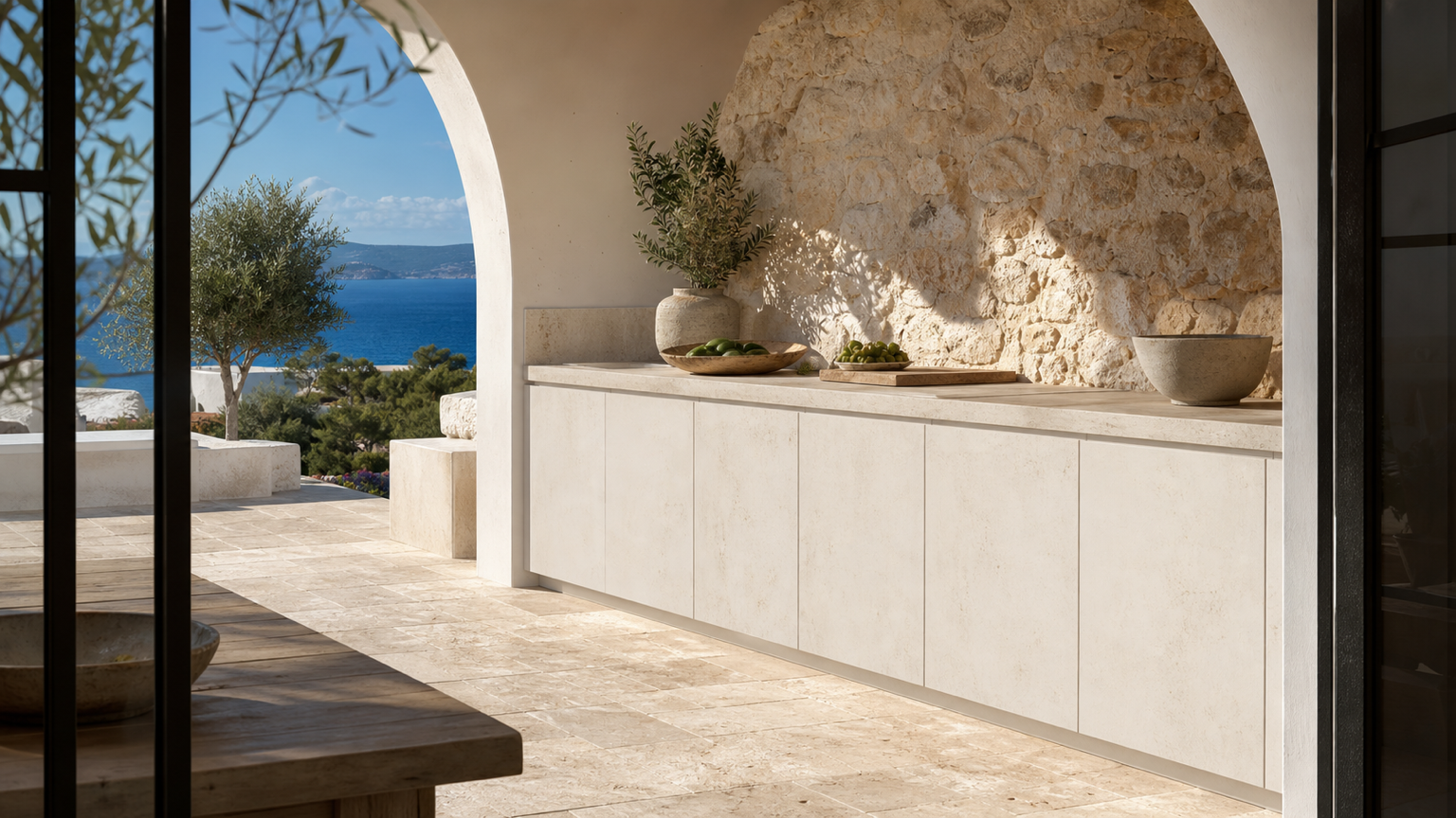 Fadior Vantage Outdoor Kitchen Suite with Limestone Tide Service Run — lifestyle setting with natural light and residential