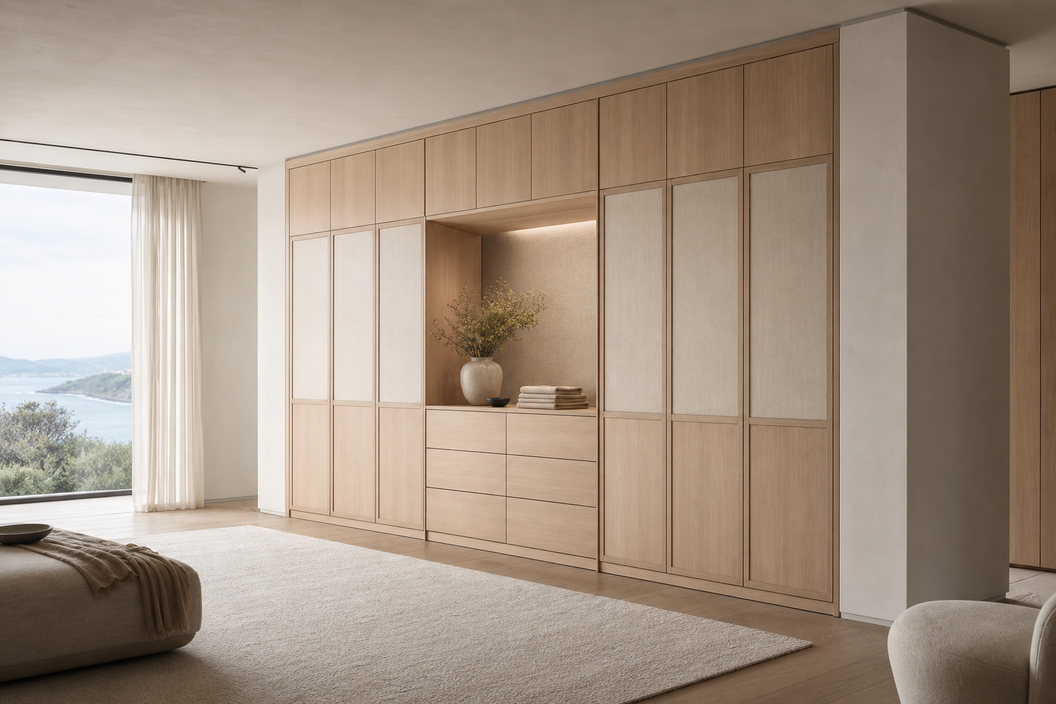 Fadior Elementum Wardrobe Suite with Satin Linen Packing Alcove - custom 304 stainless steel wardrobe or walk-in closet with lighting, hanging, drawer storage, and residential finishes