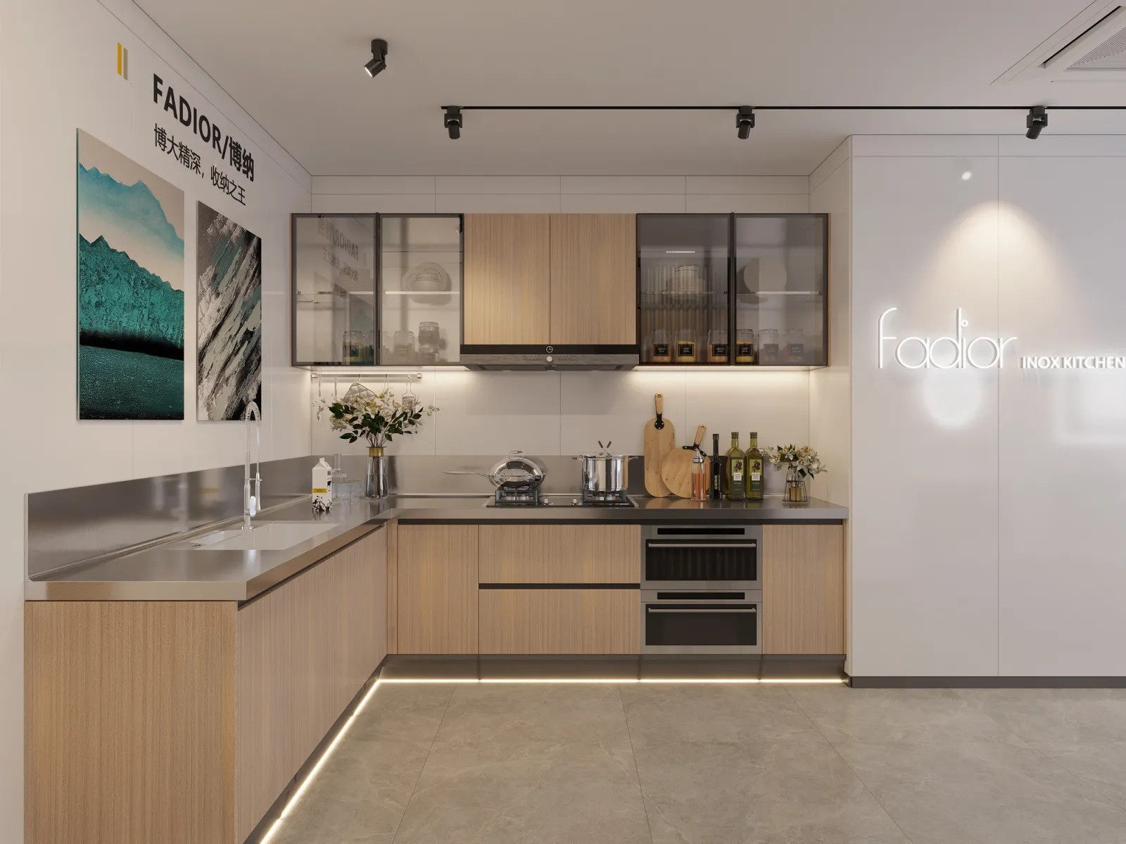 Composición de showroom en Hong Kong con cocina compacta en acero inoxidable