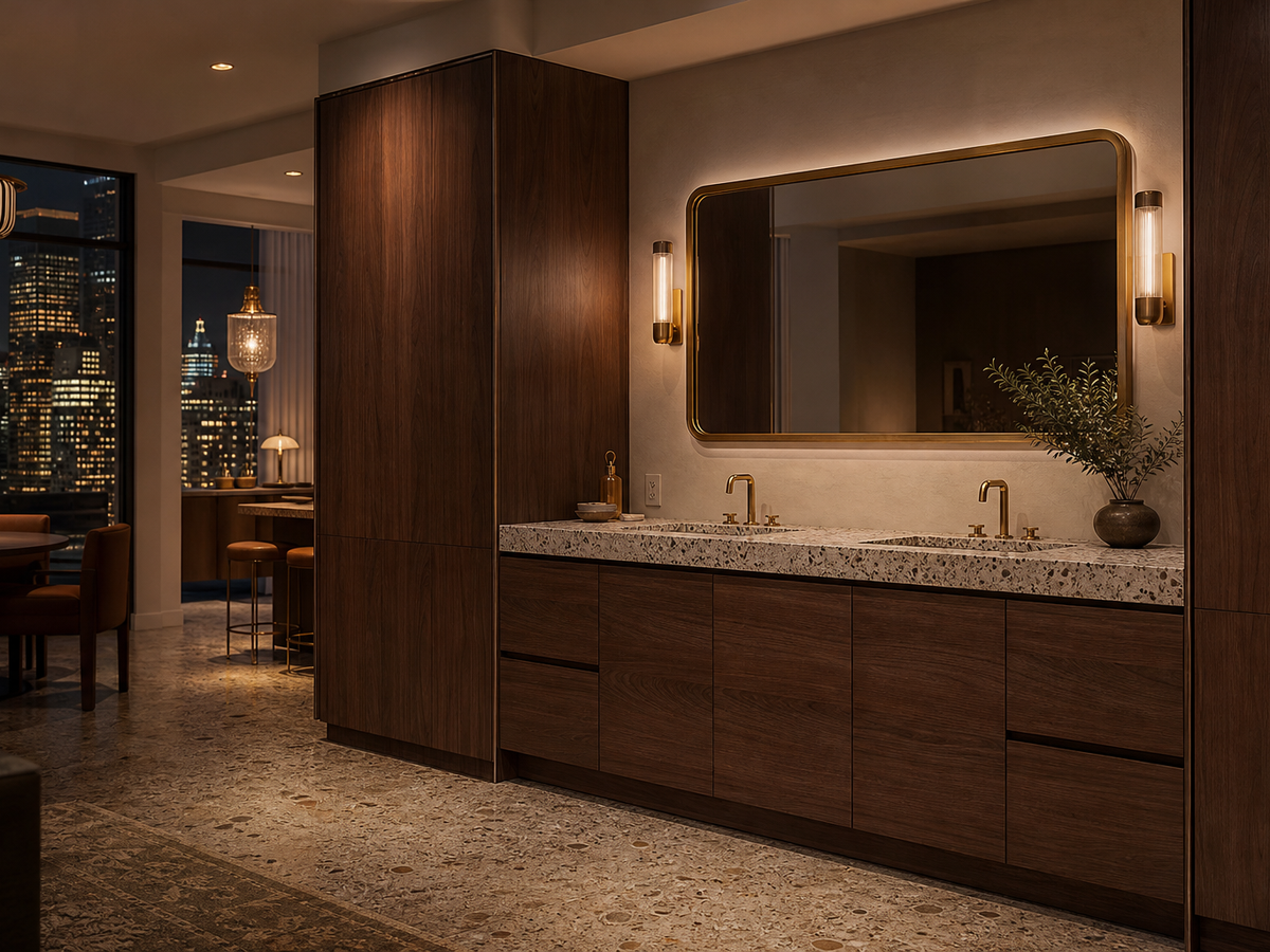 Fadior Alcove Modular Basin Datum Wall — 304 stainless steel bath and vanity system, front view