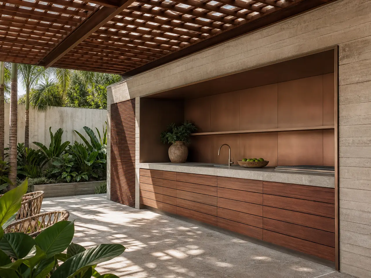 Fadior Vantage Outdoor Kitchen Suite with Copper Mist Bar Alcove - 304 stainless steel outdoor kitchen cabinetry with grill, sink, prep counter, weather-ready storage, and open-air use