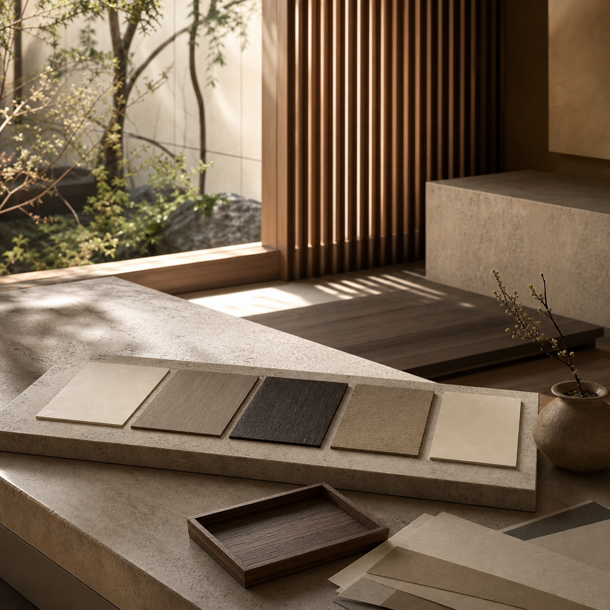 Material mood scene for oxide color sample range approval.