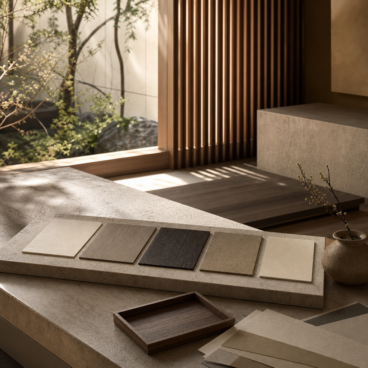 Material mood scene for oxide color sample range approval.