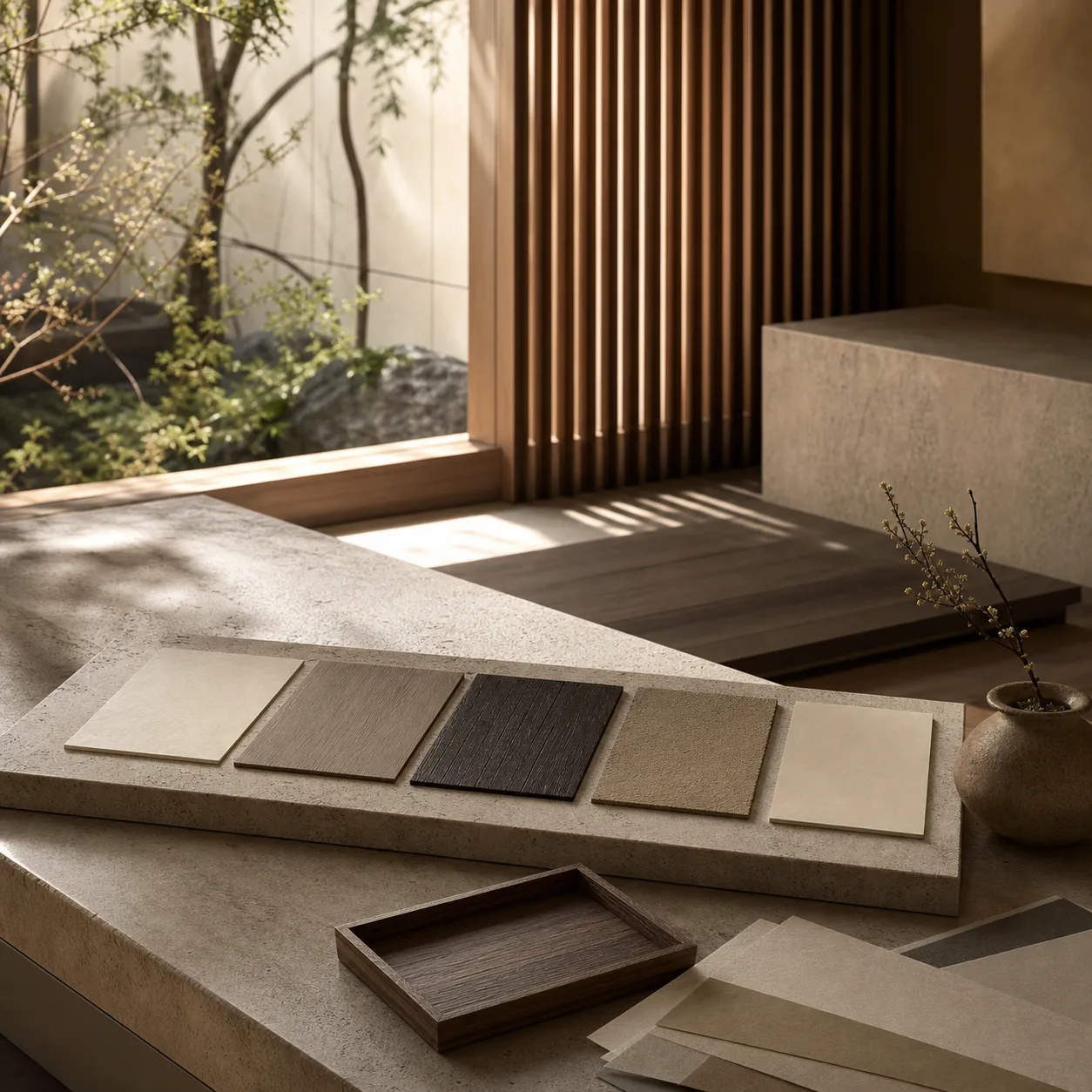 Material mood scene for oxide color sample range approval.