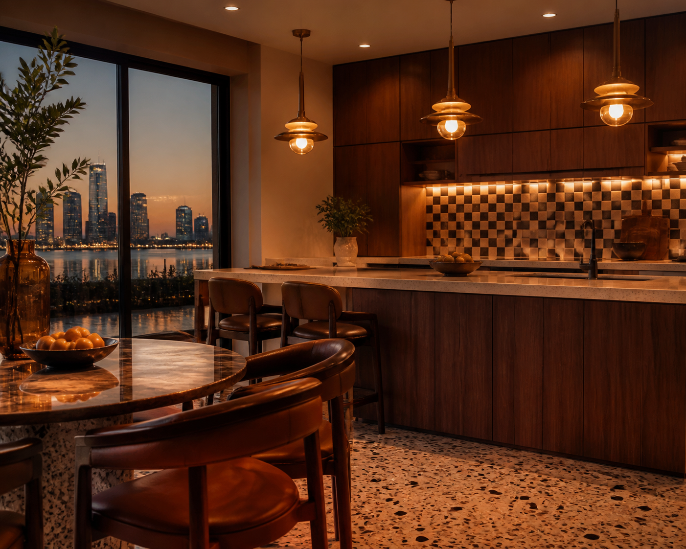 Fadior Abu Dhabi 425 sqm Kitchen Villa — walnut cabinet panels, pale counter, checkerboard tile backsplash, cognac chairs,
