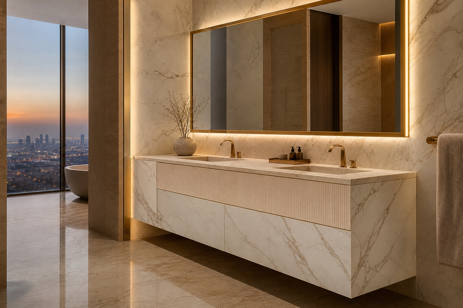 Fadior Solstice Bath and Vanity Suite with Parchment Basin Apron — interior room context showing cabinet integration