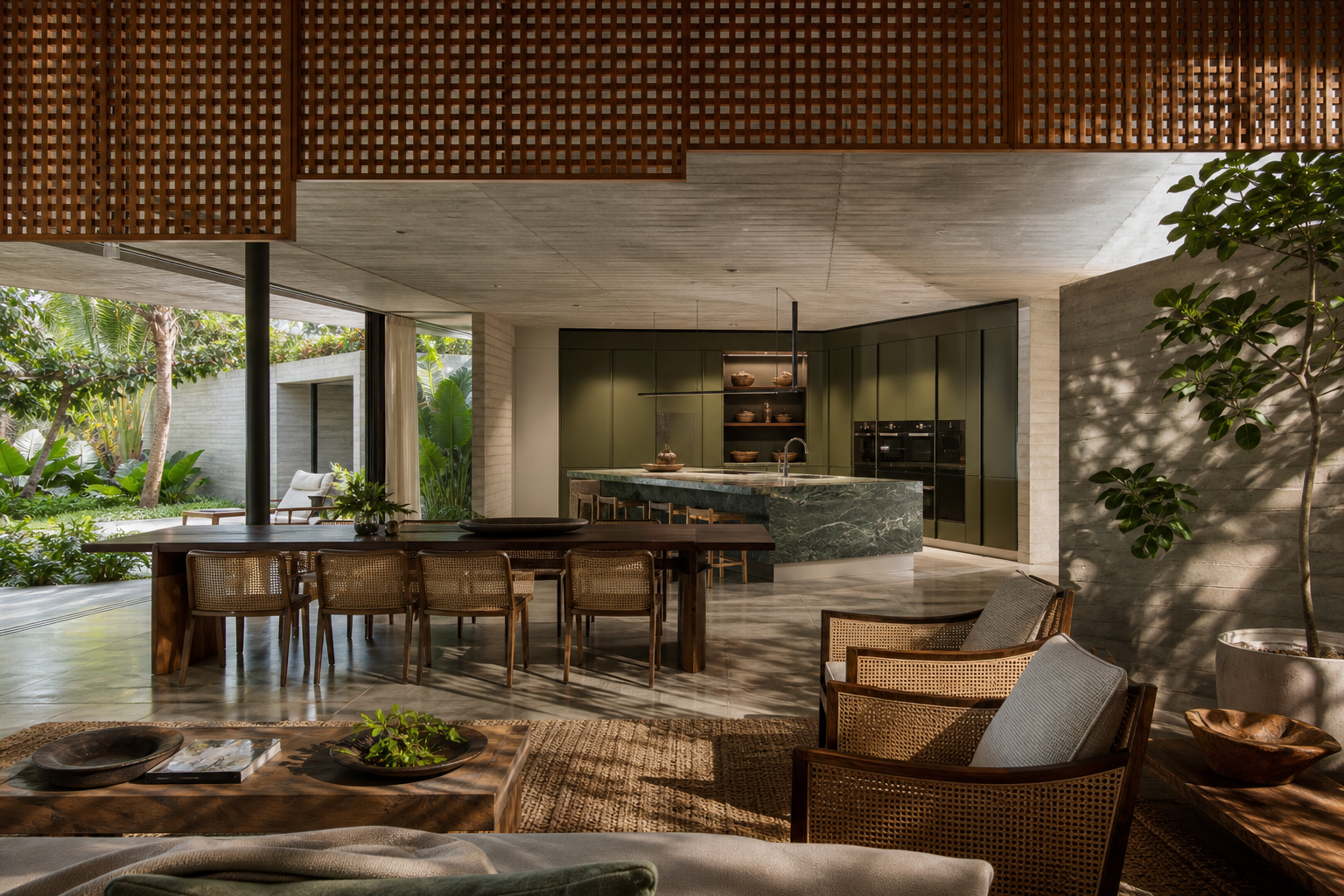 Fadior Perth 400 sqm Kitchen Villa - dining table, island, cabinet wall, window light, courtyard garden