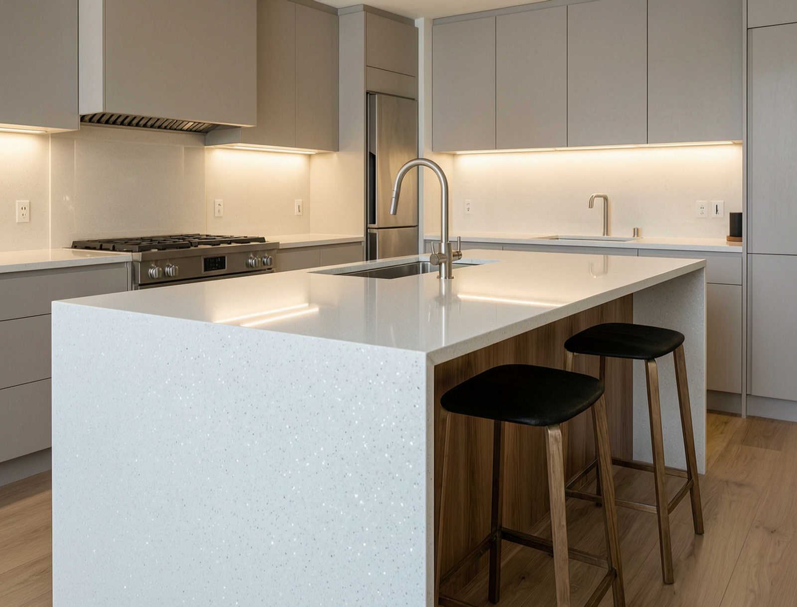 Engineered Quartz Composite Countertop applied in luxury residential kitchen island countertop with waterfall edge