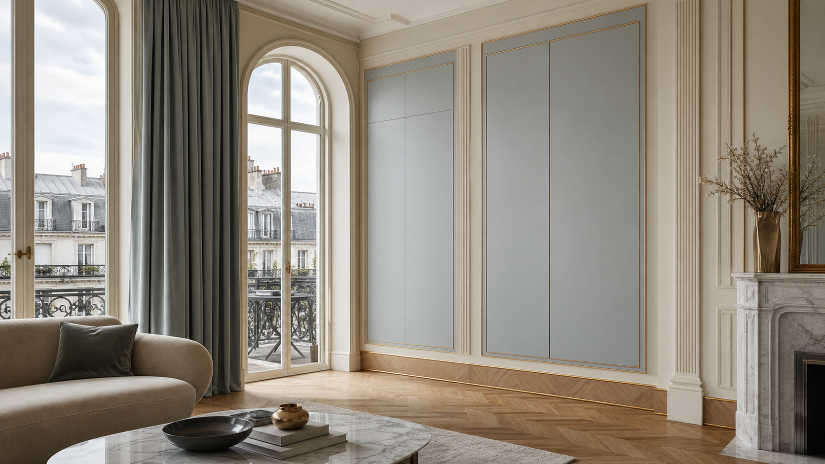 Fadior Miroir Wall Panel Suite with Soft Slate Salon Wall — lifestyle setting with natural light and residential styling