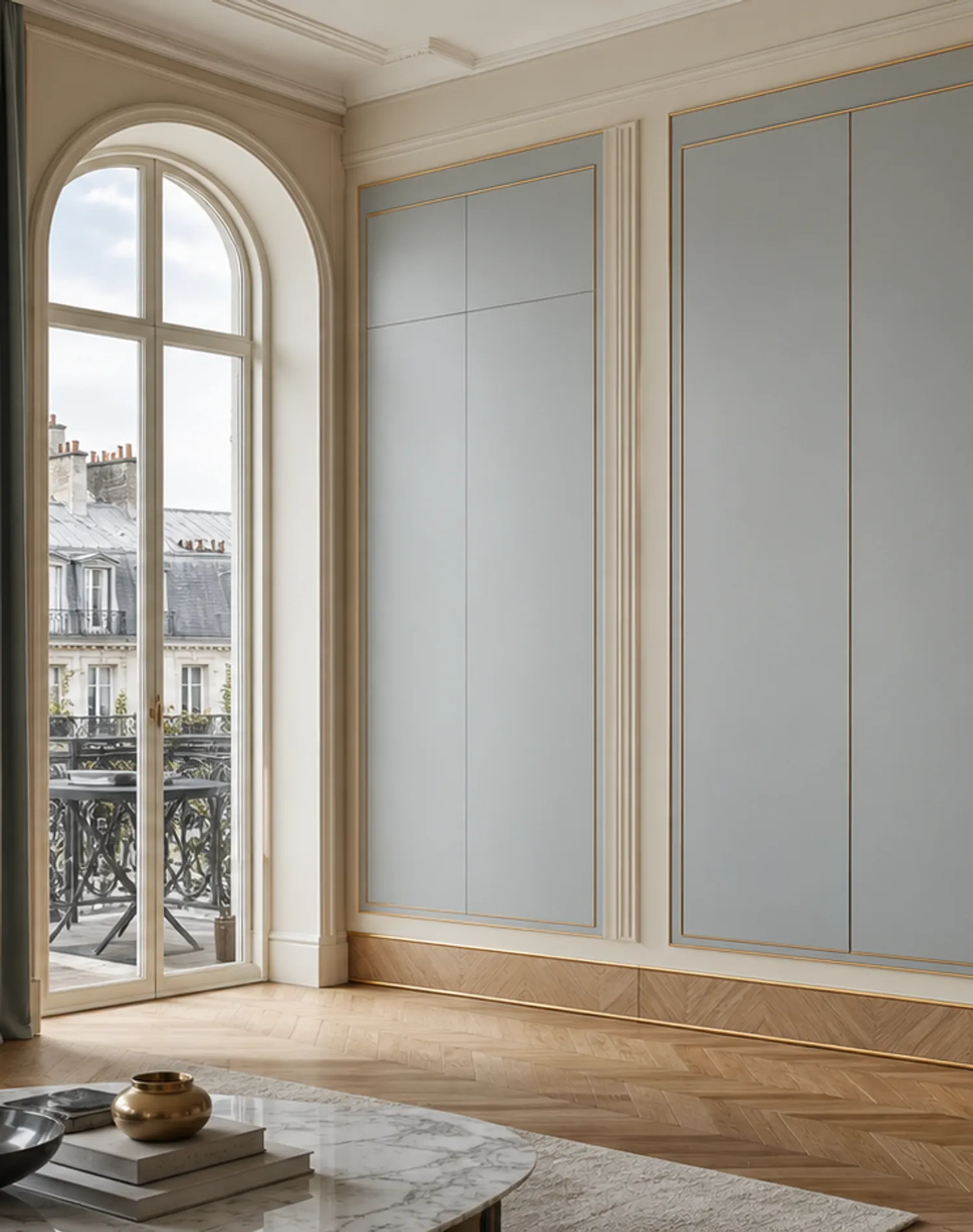 Fadior Miroir Wall Panel Suite with Soft Slate Salon Wall — lifestyle setting with natural light and residential styling