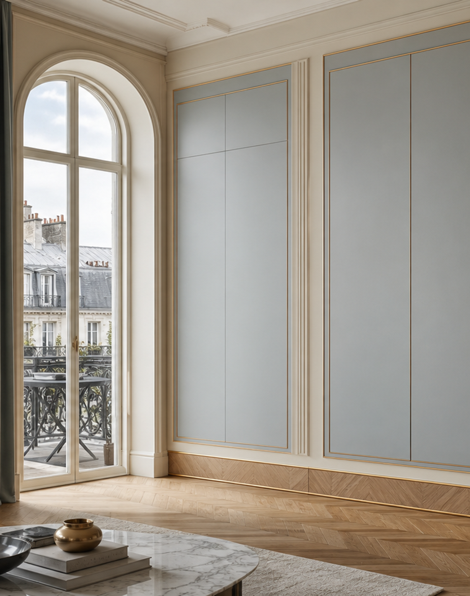 Fadior Miroir Wall Panel Suite with Soft Slate Salon Wall — lifestyle setting with natural light and residential styling