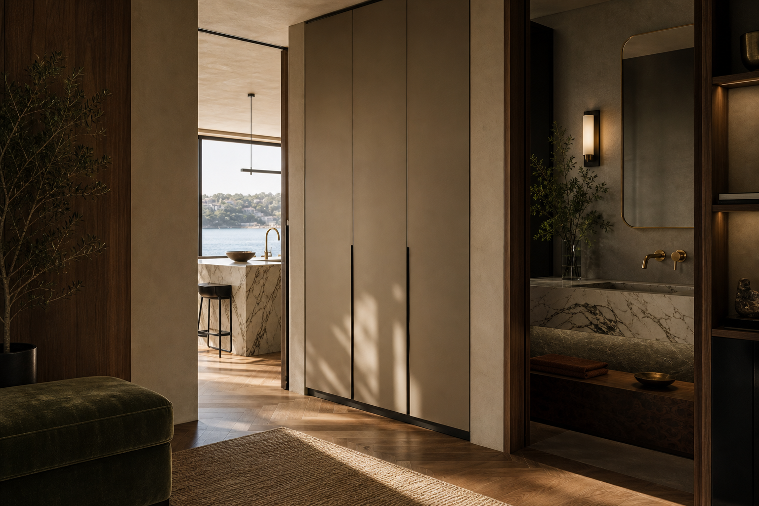Fadior Sydney Compact Residence — Sydney wardrobe and bath threshold with tall storage cabinets, marble vanity, brass tap,