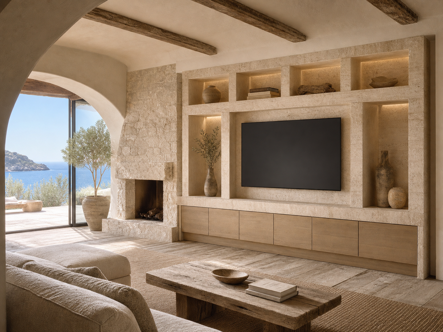 Fadior Veneto Living Room Suite with Travertine Gallery Media Wall — interior room context showing cabinet integration