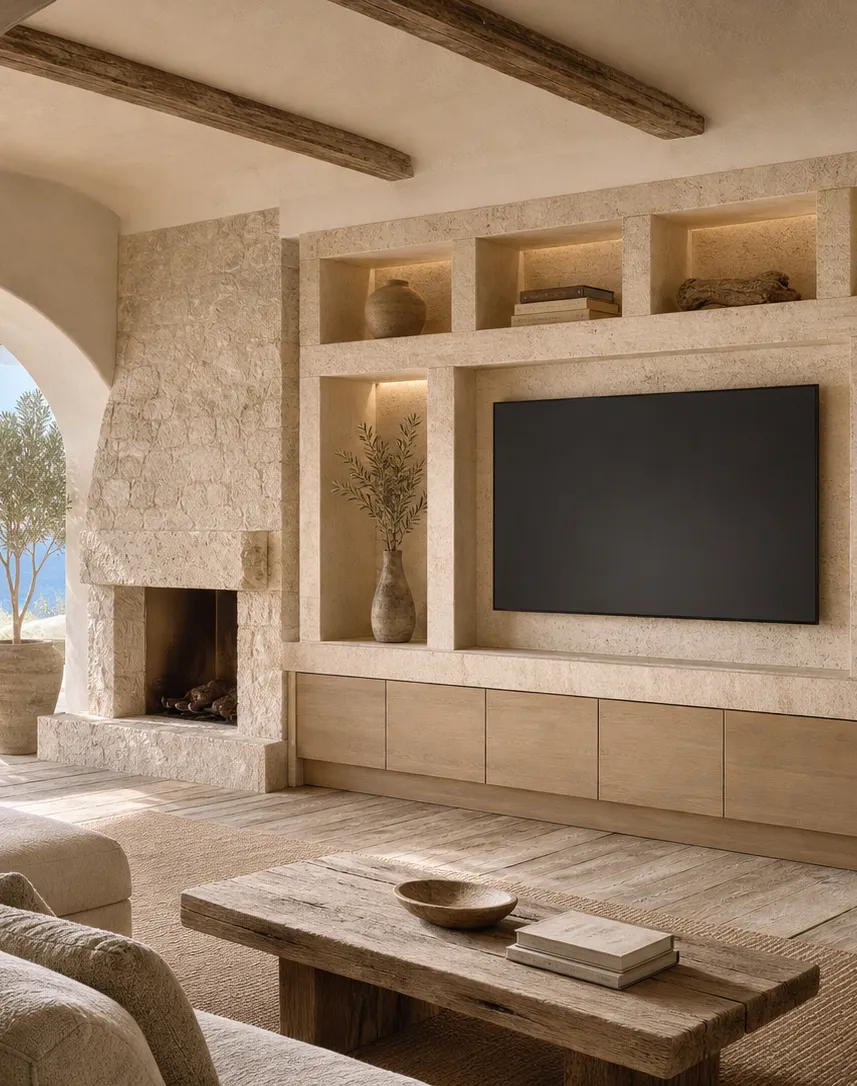 Suite de salón Veneto con muro multimedia de galería de travertino perspectiva interior