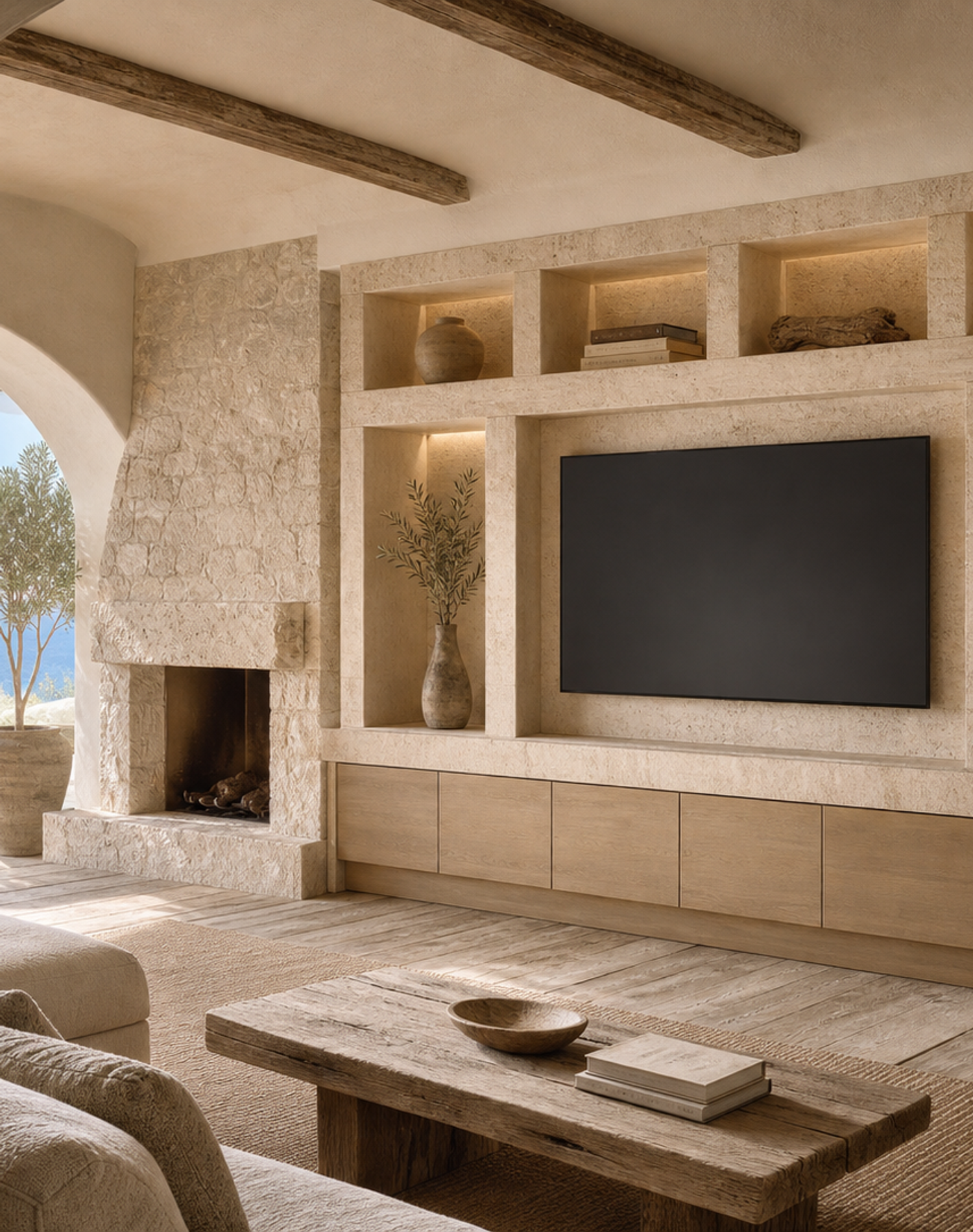 Fadior Veneto Living Room Suite with Travertine Gallery Media Wall — interior room context showing cabinet integration