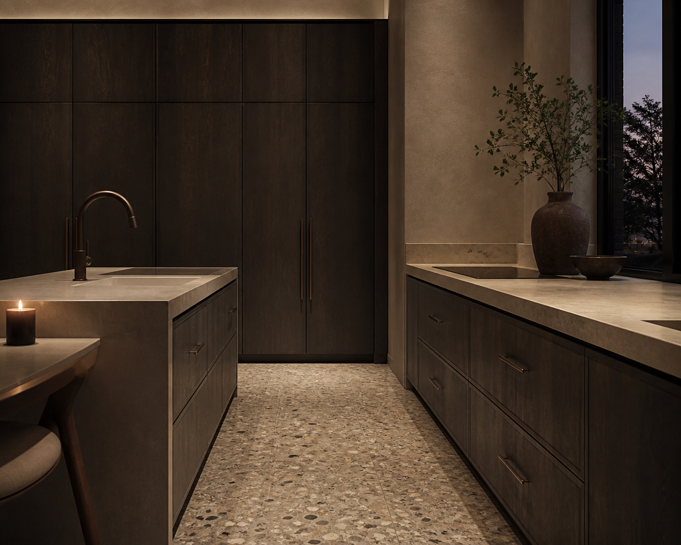 Fadior Continuum Staron Seamless Countertop Spine — interior room context showing cabinet integration