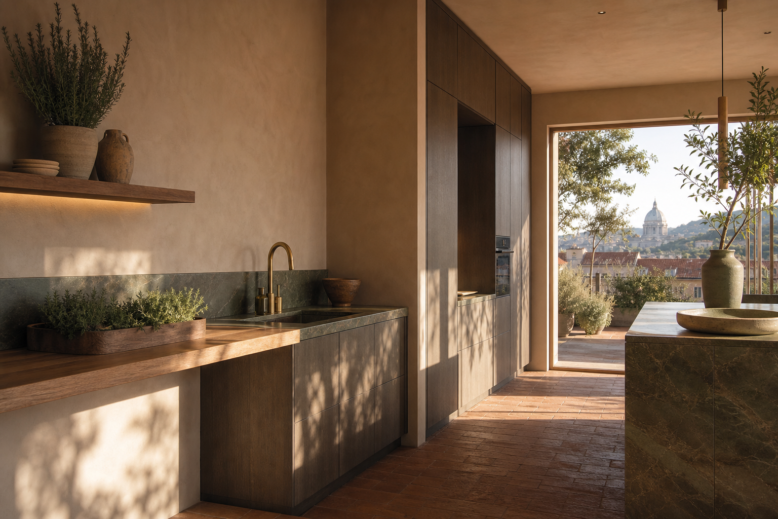 Fadior Budapest 125 sqm Kitchen Penthouse — Rooftop — Budapest kitchen workspace with stainless counter, clay wall,