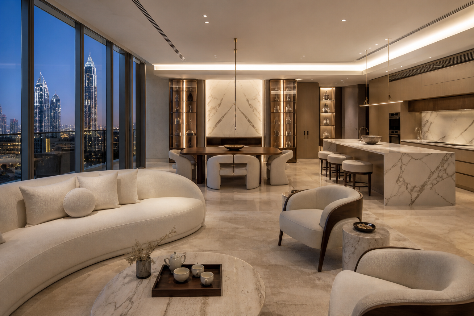 Fadior Dubai Penthouse Water Ritual Kitchen — Curved sofa, lounge chair, walnut dining table, marble island, glass shelves,