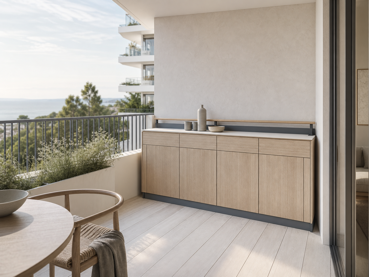 Fadior Dusk Balcony Suite with Blond Ash Aperitif Bench — interior room context showing cabinet integration