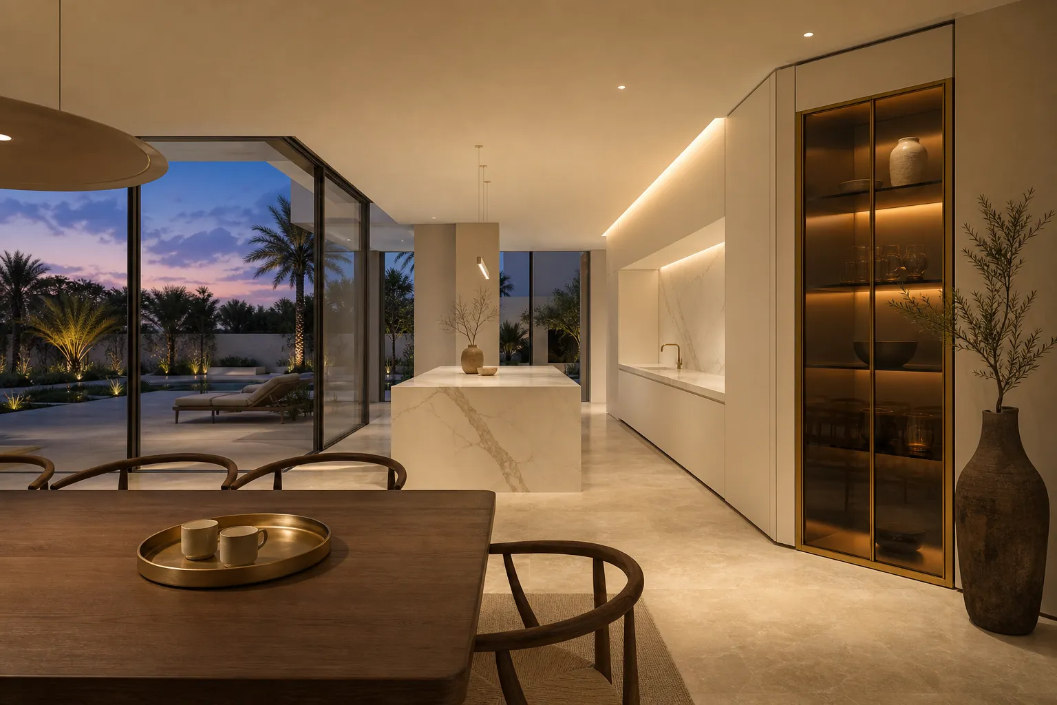 Residential kitchen context with warm wood dining, ivory panels, and calm evening atmosphere.