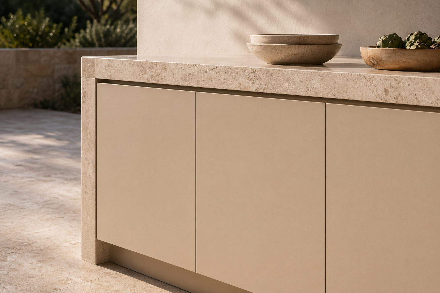 Fadior Horizon Outdoor Kitchen Suite with Travertine Courtyard Grill Line — close-up of stainless steel finish and hardware detail
