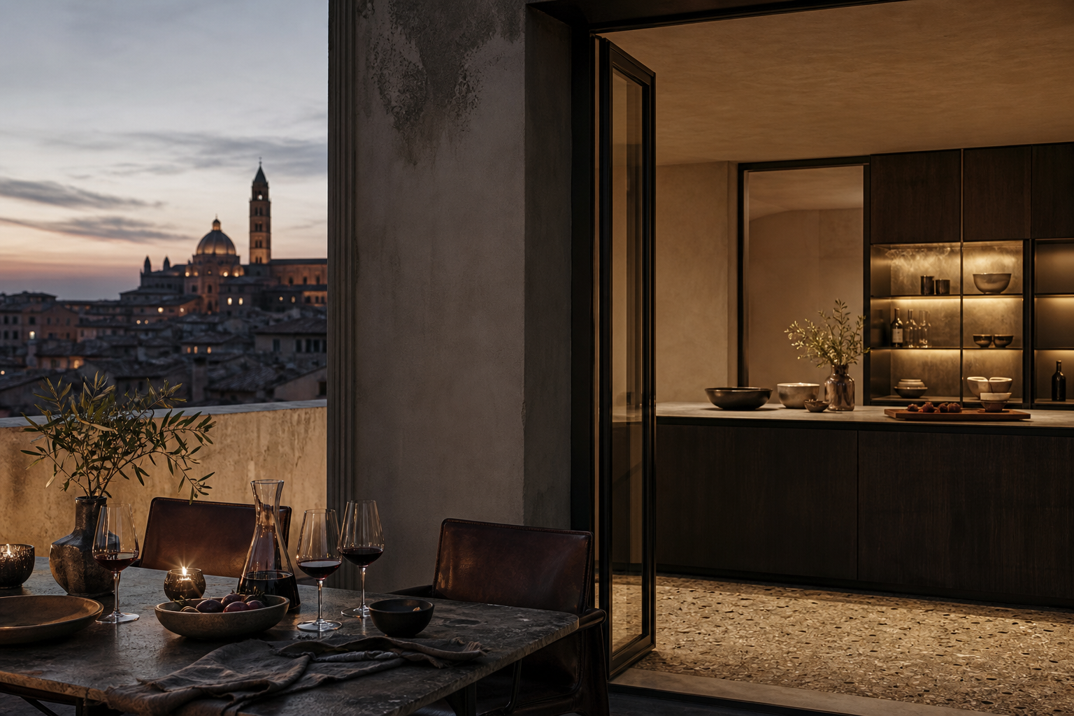 Fadior Siena Skyline Penthouse — Siena rooftop dinner threshold with terrace table, wine glasses, olive branch,
