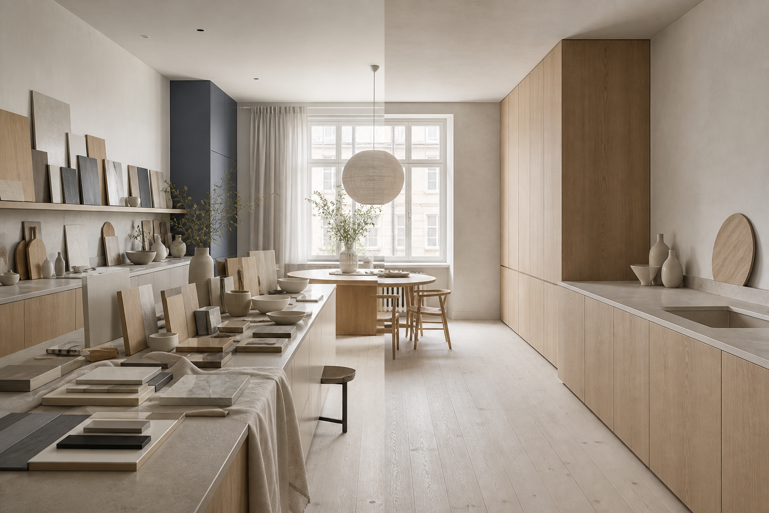 Decision comparison scene in a kitchen contrasting sample overload with calm blond cabinetry.