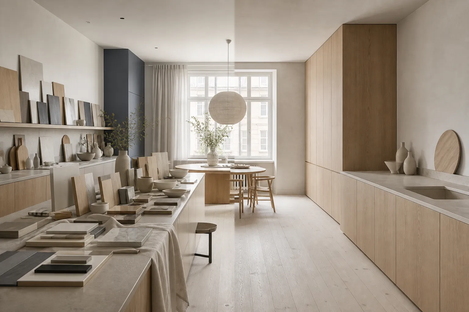 Decision comparison scene in a kitchen contrasting sample overload with calm blond cabinetry.