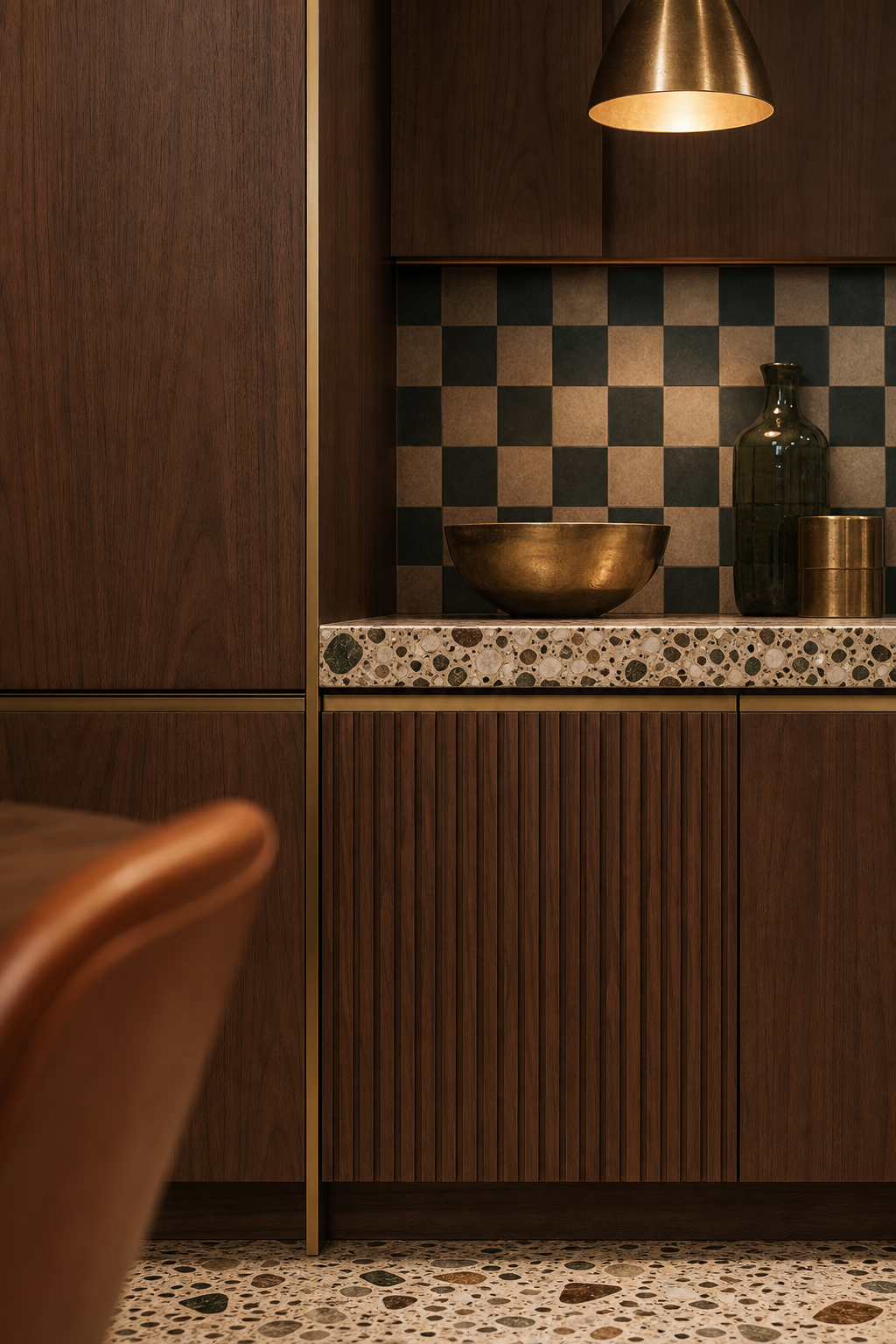 Fadior Meridian Kitchen Suite with Walnut Terrazzo Prep Bay — close-up of stainless steel finish and hardware detail
