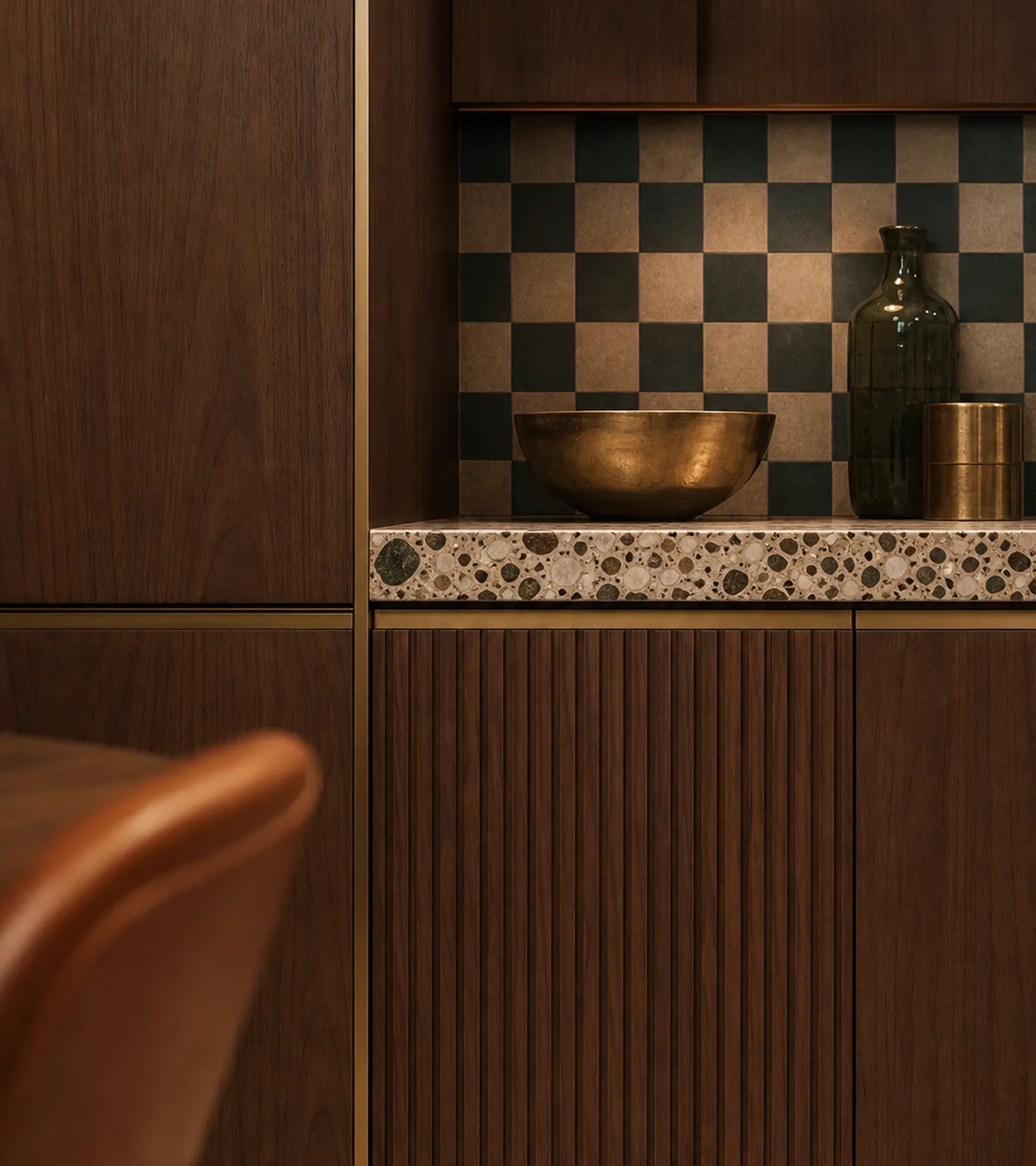 Fadior Meridian Kitchen Suite with Walnut Terrazzo Prep Bay — close-up of stainless steel finish and hardware detail