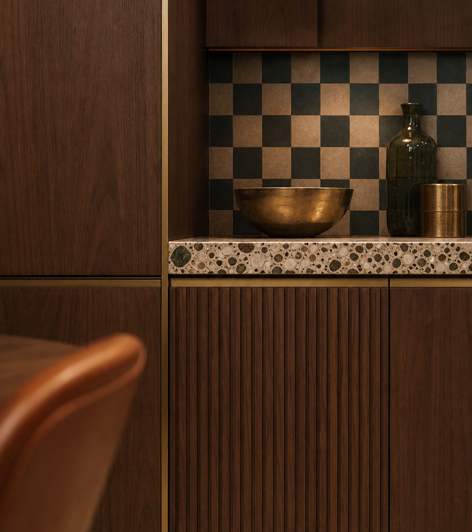 Fadior Meridian Kitchen Suite with Walnut Terrazzo Prep Bay — close-up of stainless steel finish and hardware detail