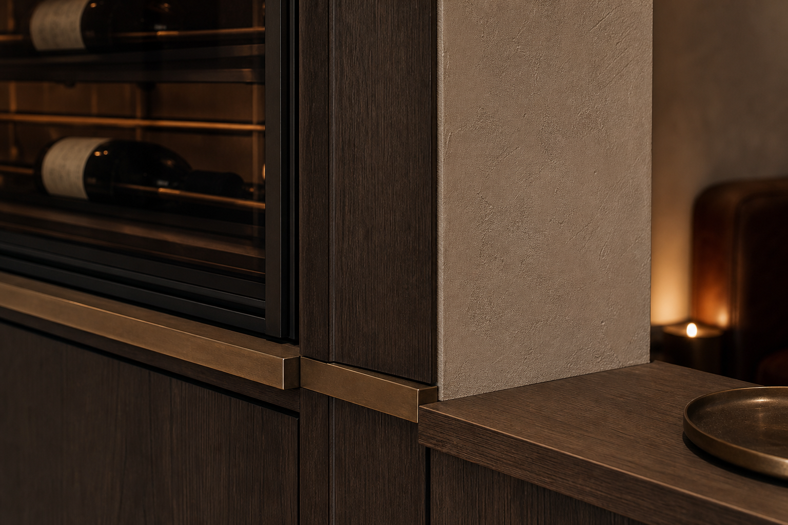 Fadior Cru Wine Cabinet Suite with Climate Glass Decanting Wall — close-up of stainless steel finish and hardware detail