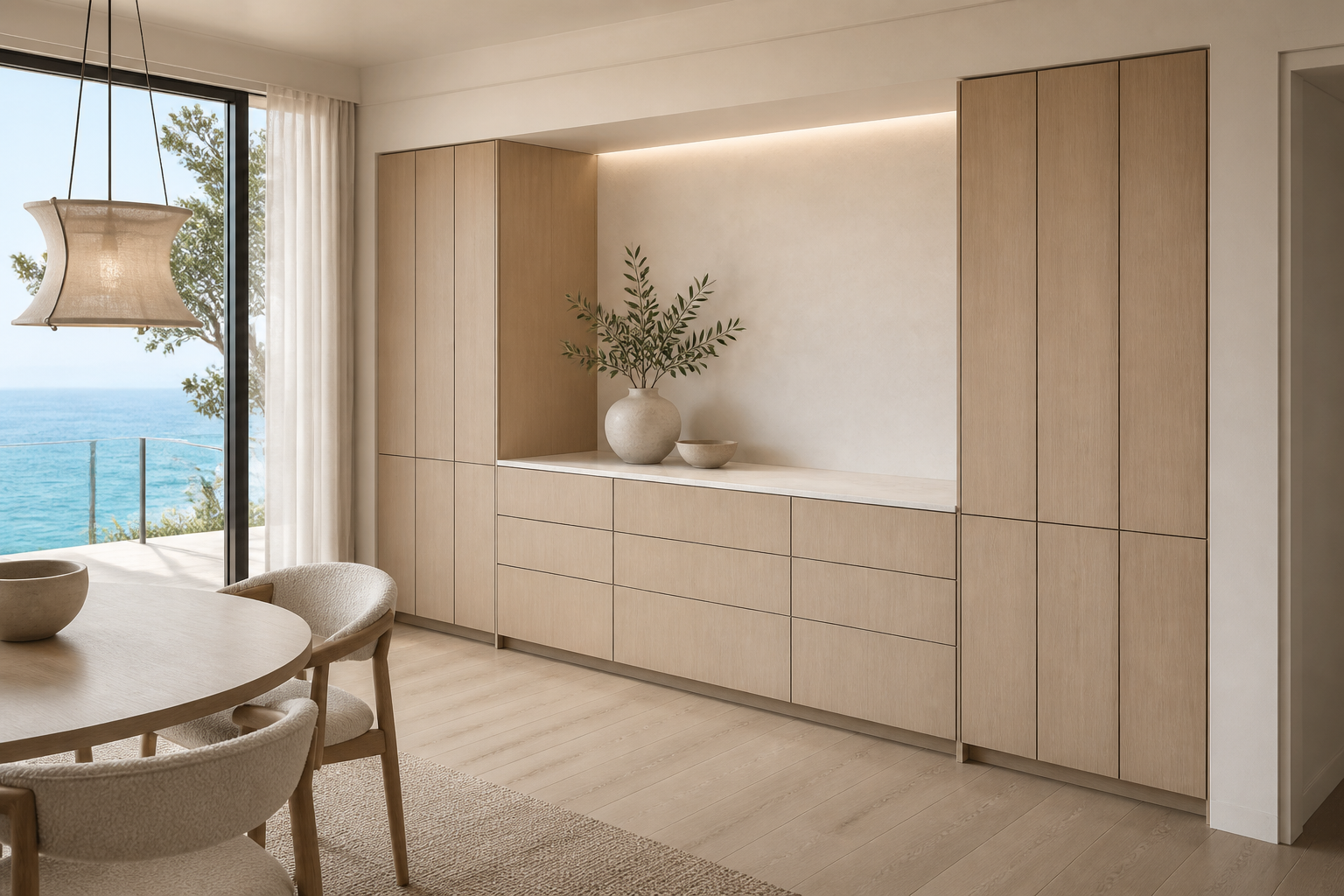Fadior Cru Wine Cabinet Suite with Suspended Cellar Lantern — lifestyle setting with natural light and residential styling