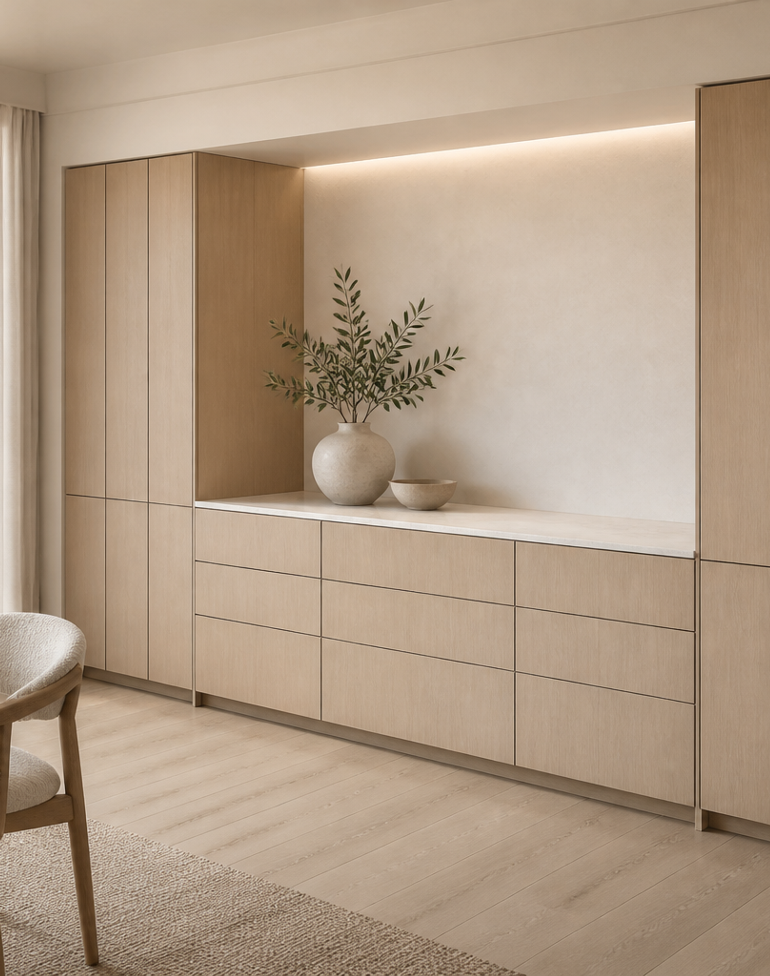 Fadior Cru Wine Cabinet Suite with Suspended Cellar Lantern — lifestyle setting with natural light and residential styling