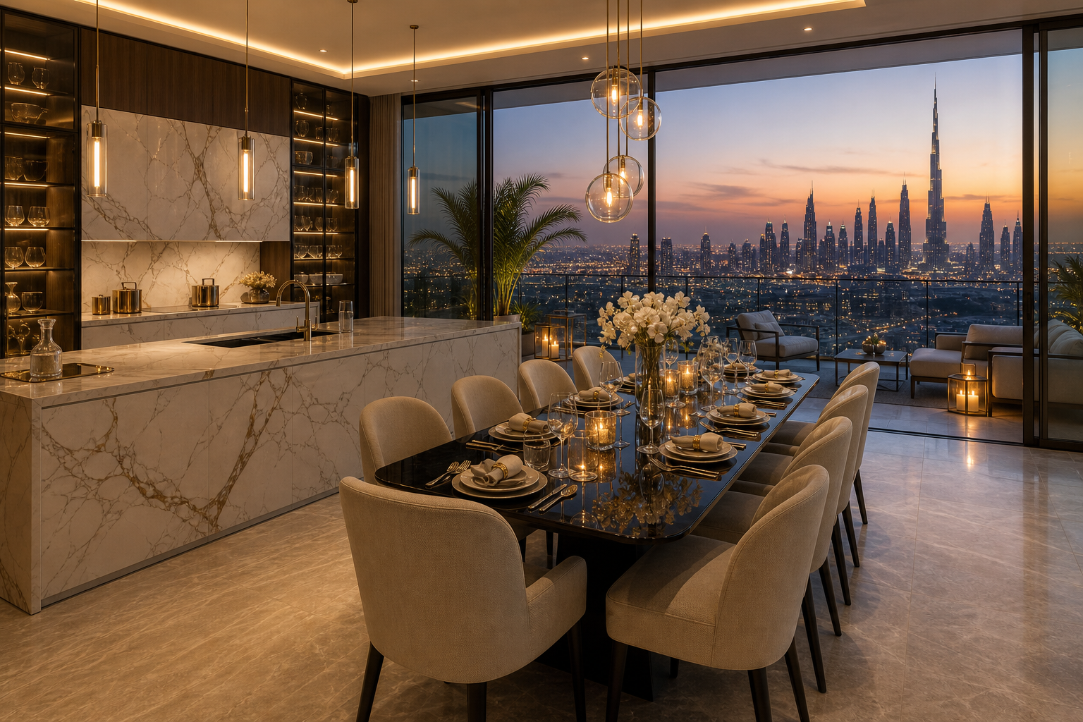 Fadior Dubai 180 sqm Kitchen Bath Penthouse — Dubai dining setup with kitchen island, long table, serving bowls,