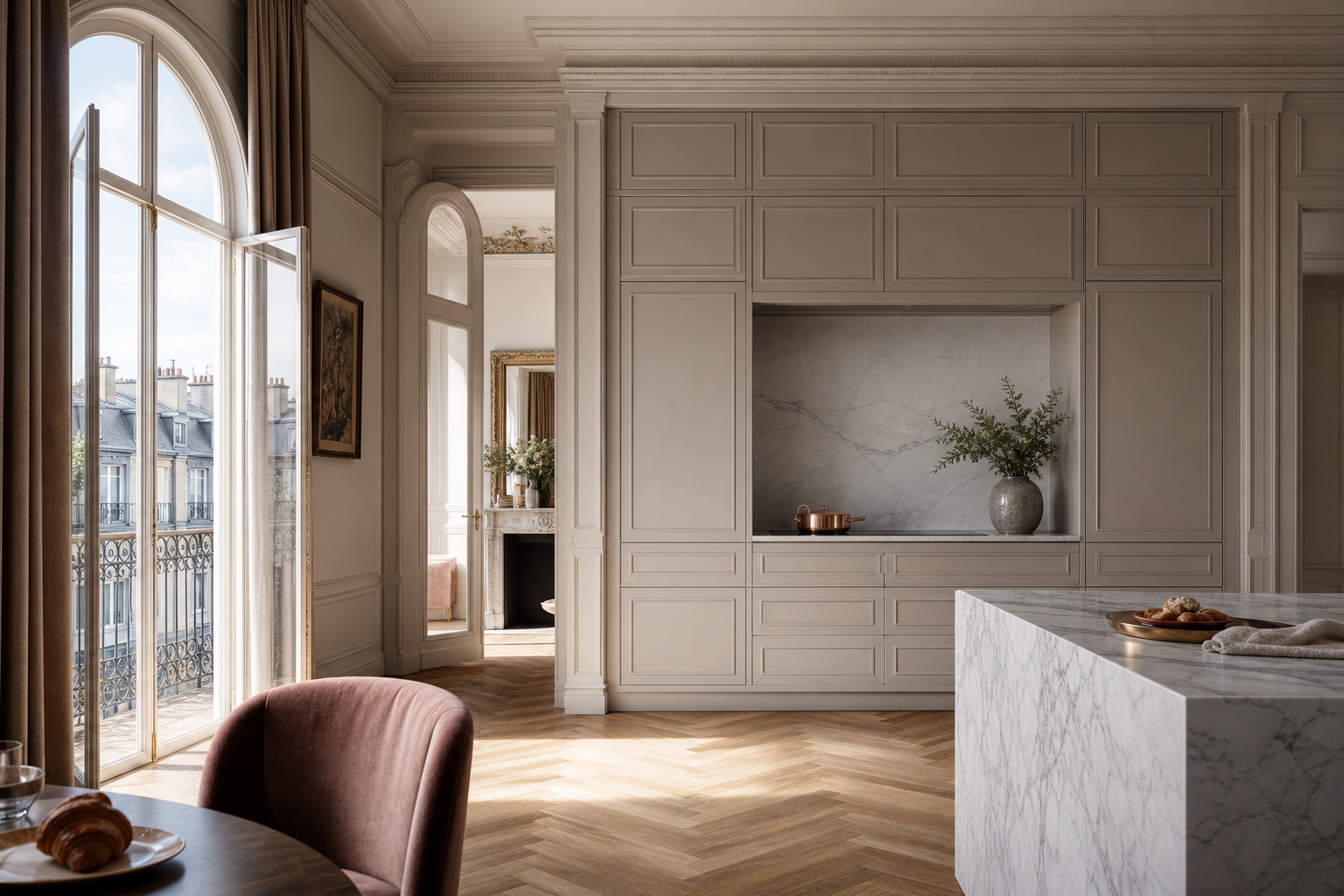 Fadior Continuum Kitchen Suite with Boiserie Appliance Hearth — lifestyle setting with natural light and residential styling