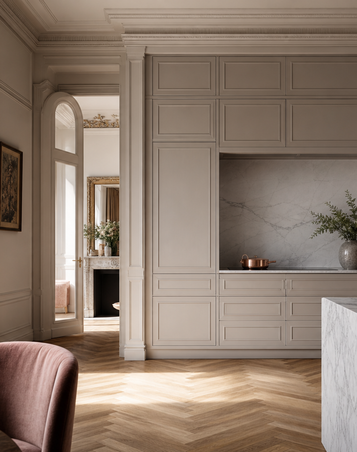 Fadior Continuum Kitchen Suite with Boiserie Appliance Hearth — lifestyle setting with natural light and residential styling