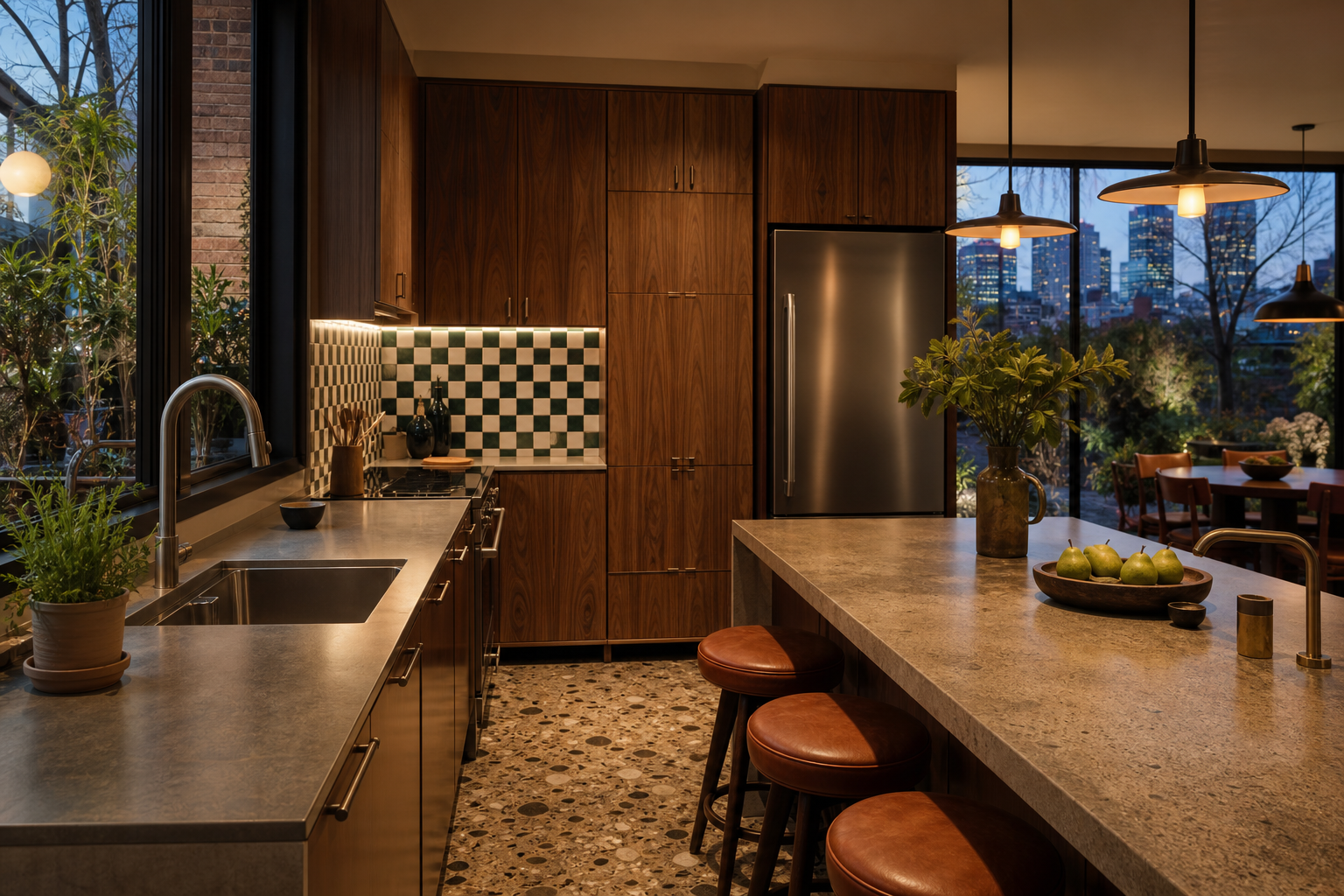 Fadior Montreal 150 sqm Kitchen Villa — Montreal sink counter, island, walnut cabinets, checkerboard tile, garden window