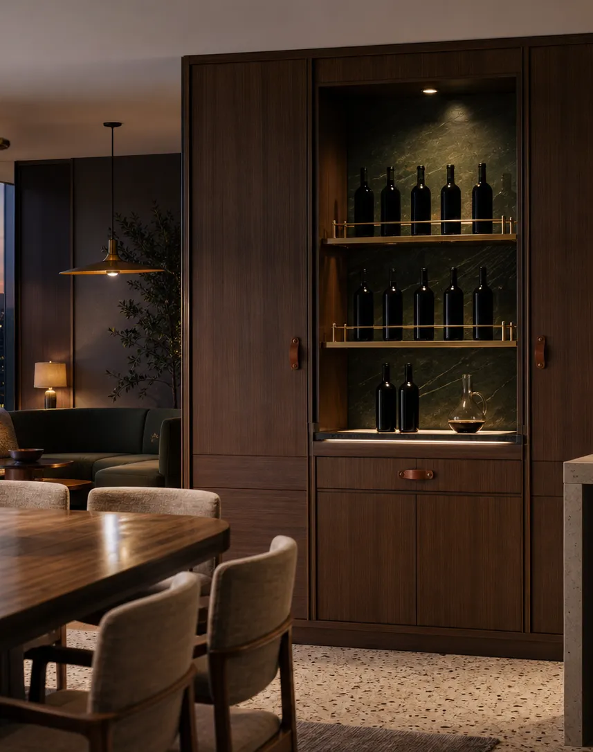Conjunto de Armario de Vinos Cru con Plinto de Servicio Sommelier Moonlit perspectiva interior