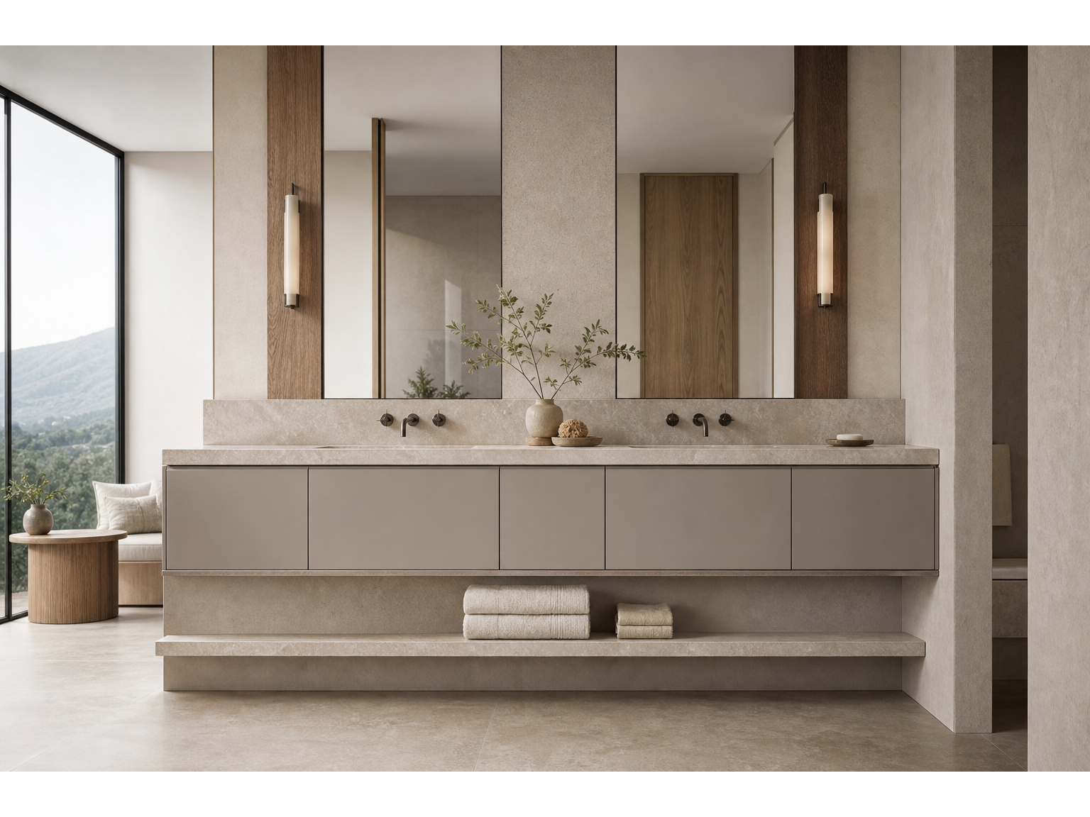 Fadior Alcove Bath and Vanity Suite with Quartzite Ledge Towel Console — interior room context showing cabinet integration