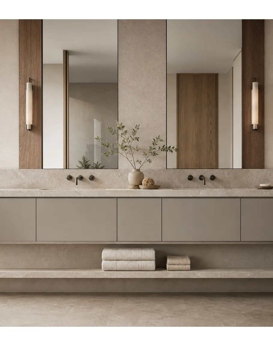 Fadior Alcove Bath and Vanity Suite with Quartzite Ledge Towel Console — interior room context showing cabinet integration