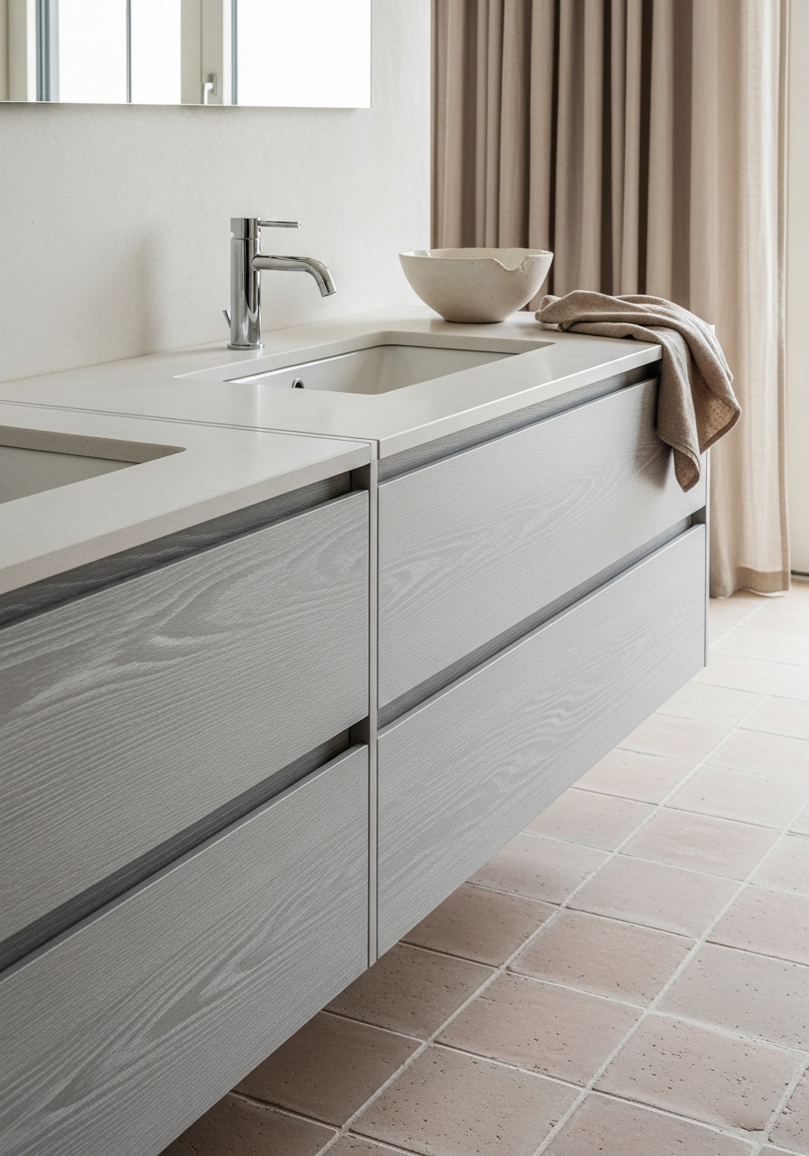 Fadior Acqua Bath and Vanity Suite — close-up of stainless steel finish and hardware detail
