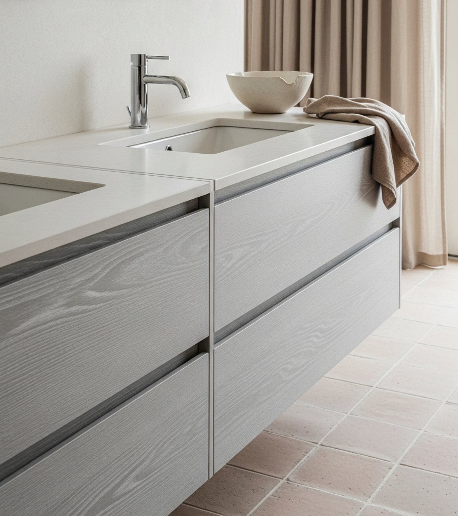 Fadior Acqua Bath and Vanity Suite — close-up of stainless steel finish and hardware detail